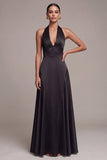 A Line Black Satin Halter Ruched Long Formal Dress