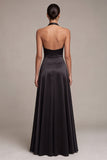 A Line Black Satin Halter Ruched Long Formal Dress