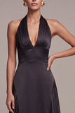 A Line Black Satin Halter Ruched Long Formal Dress
