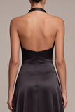 A Line Black Satin Halter Ruched Long Formal Dress