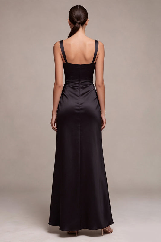 Black Satin Mermaid Draped Long Mermaid Formal Dress