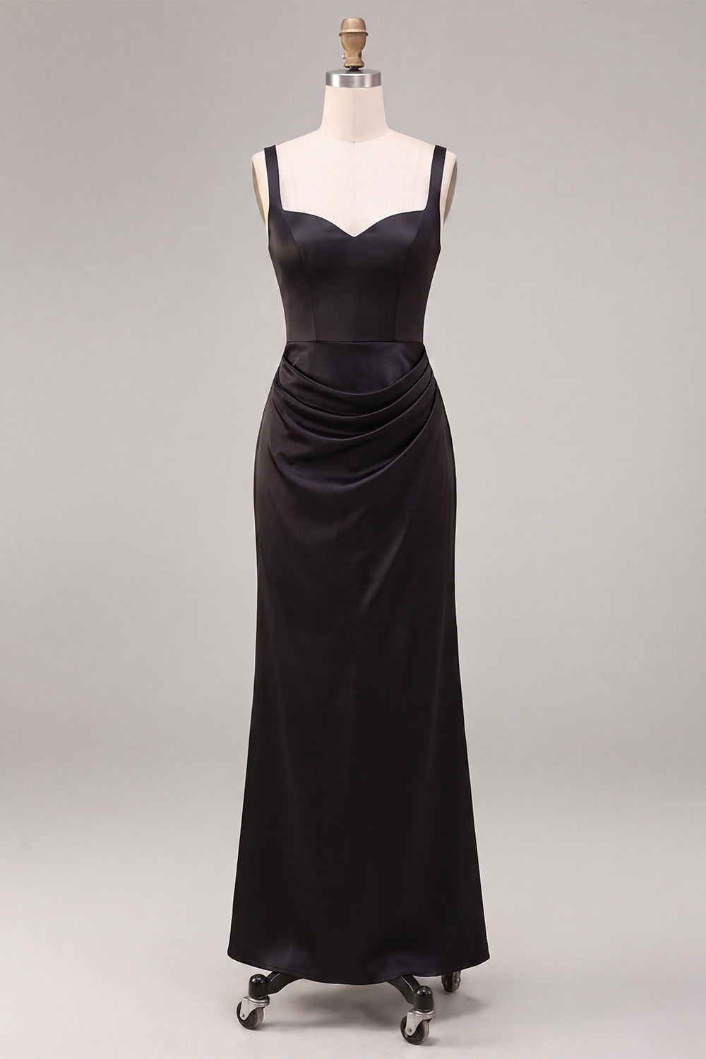 Black Satin Mermaid Draped Long Mermaid Formal Dress