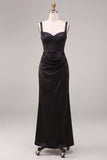 Black Satin Mermaid Draped Long Mermaid Formal Dress