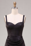 Black Satin Mermaid Draped Long Mermaid Formal Dress