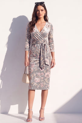 Sparkly Grey Floral Sequin Bodycon V-Neck Midi Velvet Work Dress with Sash
