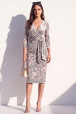 Sparkly Grey Floral Sequin Bodycon V-Neck Midi Velvet Work Dress with Sash