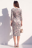 Sparkly Grey Floral Sequin Bodycon V-Neck Midi Velvet Work Dress with Sash