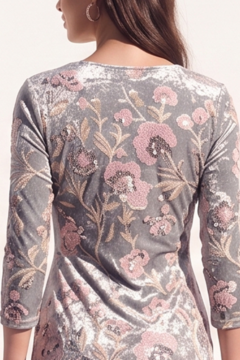 Sparkly Grey Floral Sequin Bodycon V-Neck Midi Velvet Work Dress with Sash