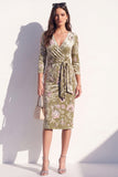 Sparkly Grey Floral Sequin Bodycon V-Neck Midi Velvet Work Dress with Sash