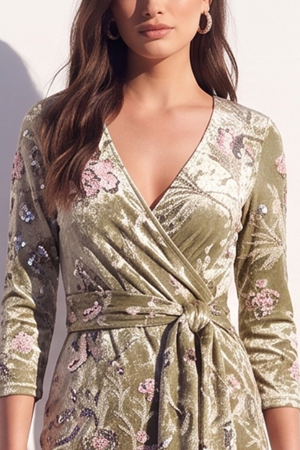 Sparkly Grey Floral Sequin Bodycon V-Neck Midi Velvet Work Dress with Sash
