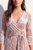 Sparkly Grey Floral Sequin Bodycon V-Neck Midi Velvet Work Dress with Sash