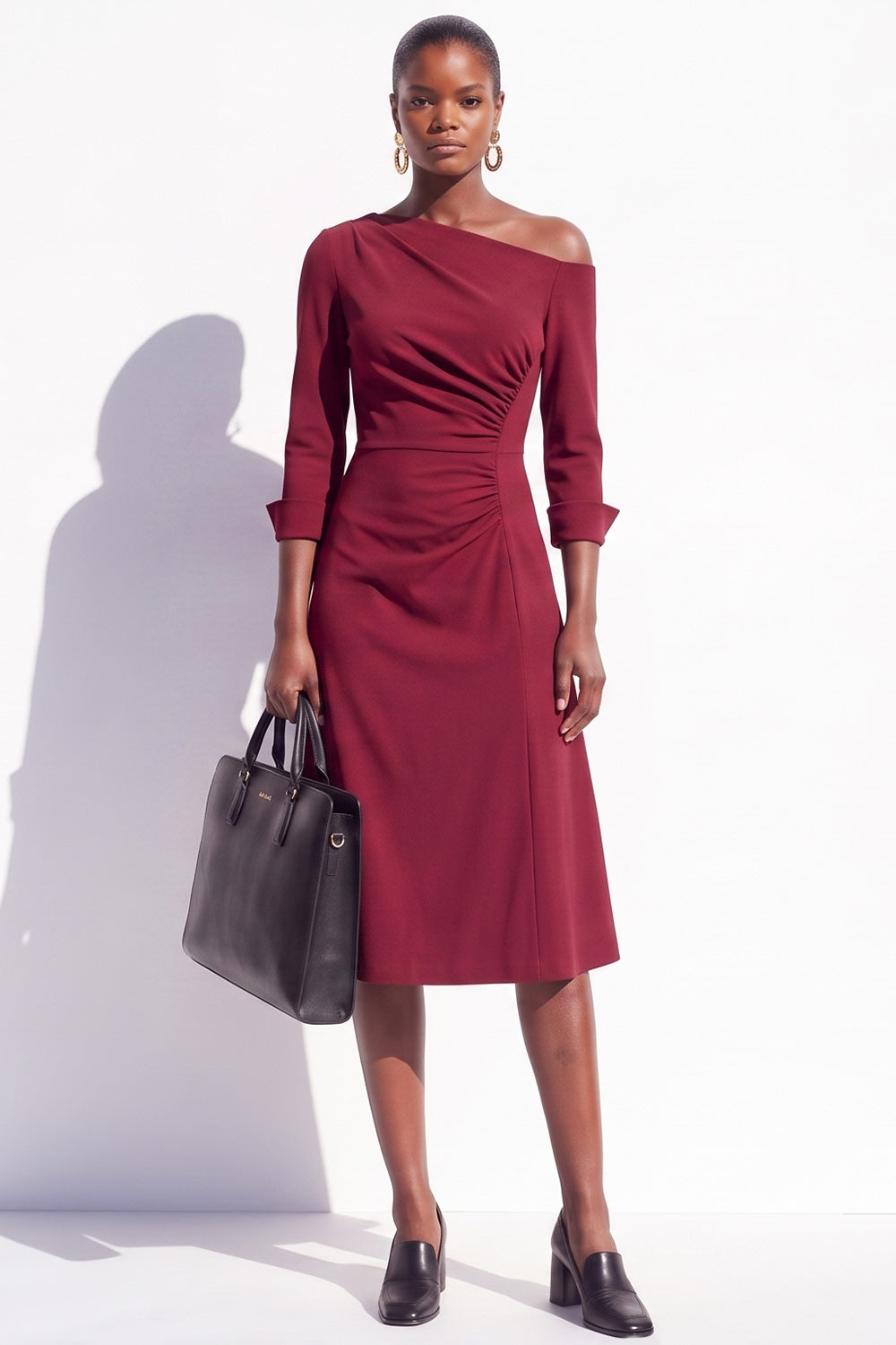 Burgundy A Line One Shoulder Ruched 3/4 Sleeves Midi Work Dress