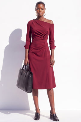 Burgundy A Line One Shoulder Ruched 3/4 Sleeves Midi Work Dress