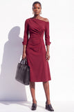 Burgundy A Line One Shoulder Ruched 3/4 Sleeves Midi Work Dress