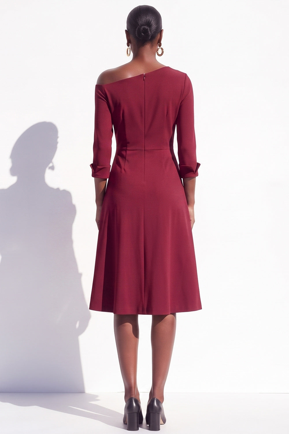 Burgundy A Line One Shoulder Ruched 3/4 Sleeves Midi Work Dress