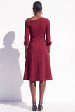 Burgundy A Line One Shoulder Ruched 3/4 Sleeves Midi Work Dress