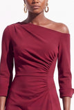 Burgundy A Line One Shoulder Ruched 3/4 Sleeves Midi Work Dress