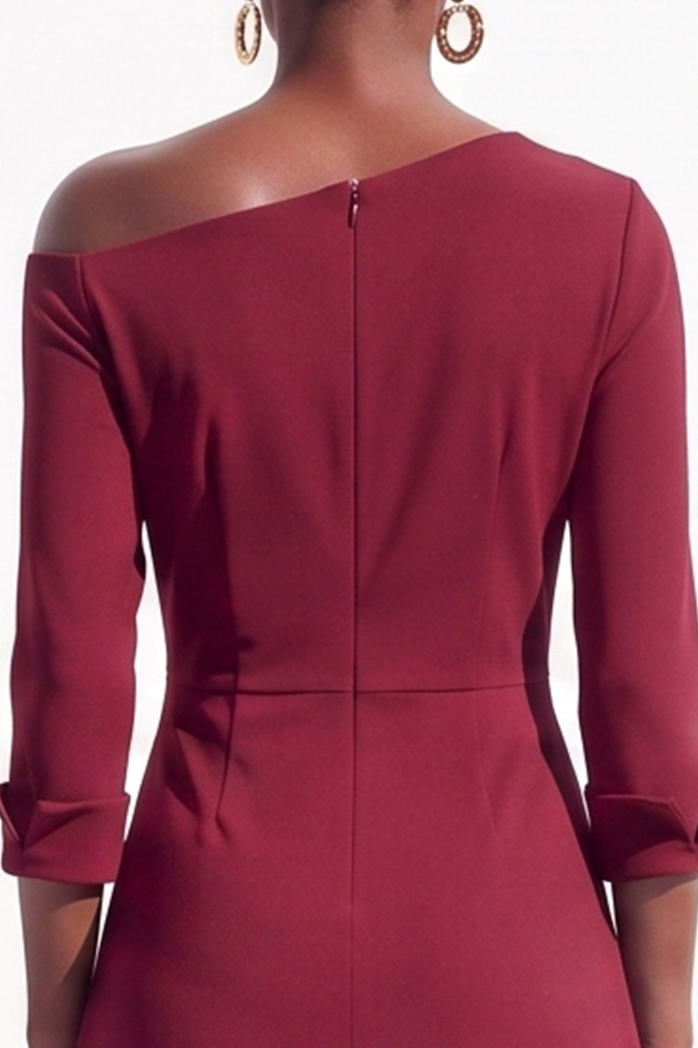 Burgundy A Line One Shoulder Ruched 3/4 Sleeves Midi Work Dress