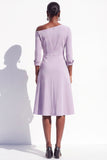 Burgundy A Line One Shoulder Ruched 3/4 Sleeves Midi Work Dress