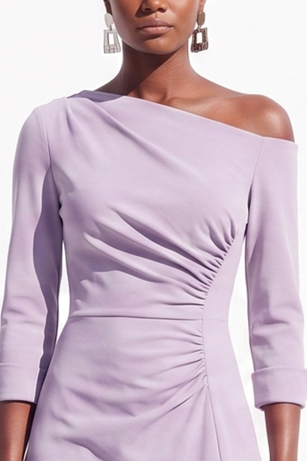 Burgundy A Line One Shoulder Ruched 3/4 Sleeves Midi Work Dress