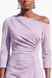 Burgundy A Line One Shoulder Ruched 3/4 Sleeves Midi Work Dress