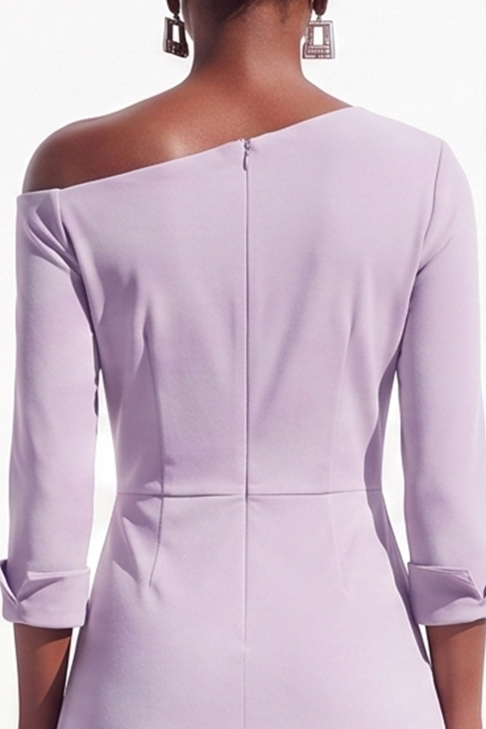 Burgundy A Line One Shoulder Ruched 3/4 Sleeves Midi Work Dress