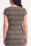 Brown Plaid Bodycon V-Neck Cap Sleeves Short Work Dress with Bow