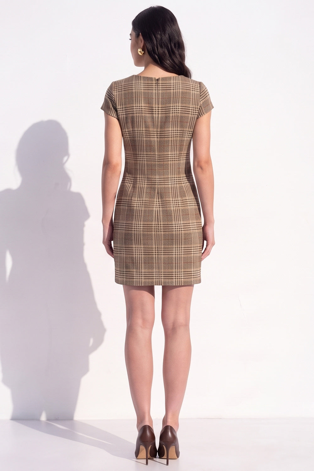 Brown Plaid Bodycon V-Neck Cap Sleeves Short Work Dress with Bow