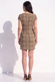 Brown Plaid Bodycon V-Neck Cap Sleeves Short Work Dress with Bow