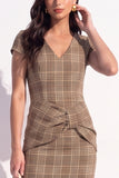 Brown Plaid Bodycon V-Neck Cap Sleeves Short Work Dress with Bow