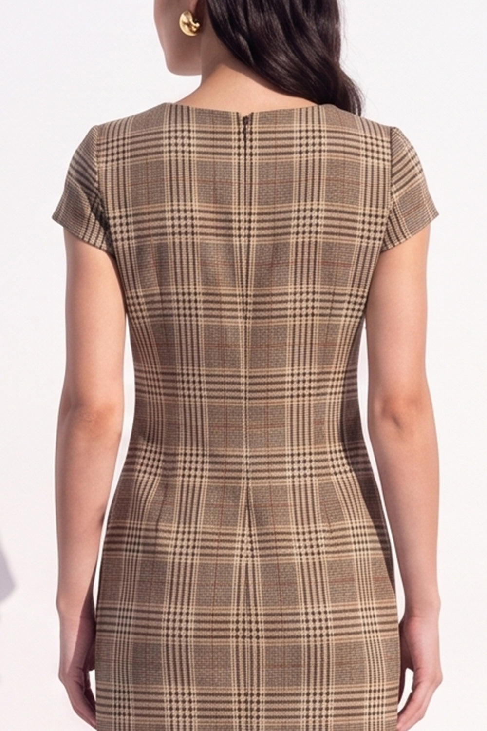 Brown Plaid Bodycon V-Neck Cap Sleeves Short Work Dress with Bow