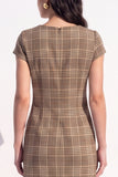 Brown Plaid Bodycon V-Neck Cap Sleeves Short Work Dress with Bow