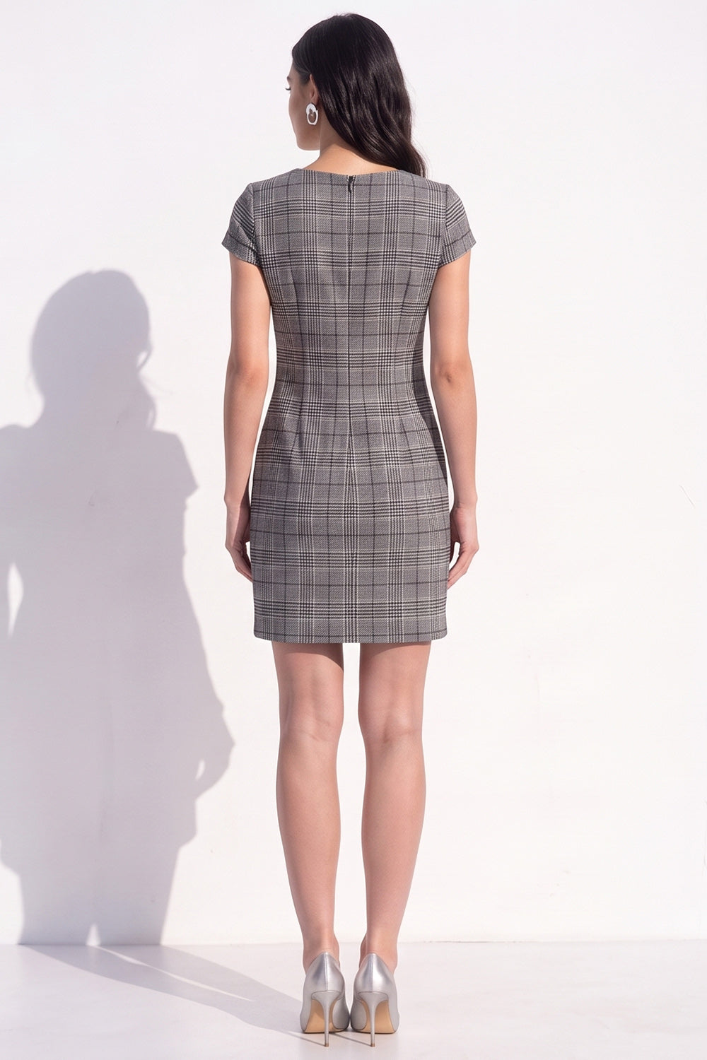 Brown Plaid Bodycon V-Neck Cap Sleeves Short Work Dress with Bow