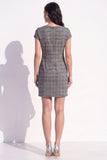 Brown Plaid Bodycon V-Neck Cap Sleeves Short Work Dress with Bow