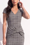 Brown Plaid Bodycon V-Neck Cap Sleeves Short Work Dress with Bow
