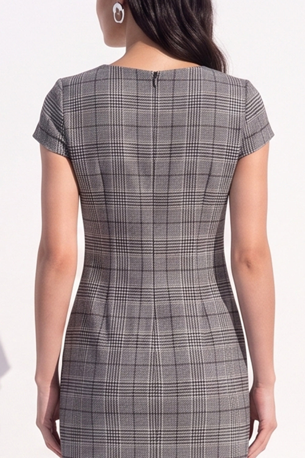 Brown Plaid Bodycon V-Neck Cap Sleeves Short Work Dress with Bow