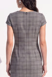 Brown Plaid Bodycon V-Neck Cap Sleeves Short Work Dress with Bow