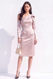 Light Purple Satin Bodycon Asymmetrical Neck Midi Work Dress with Bow