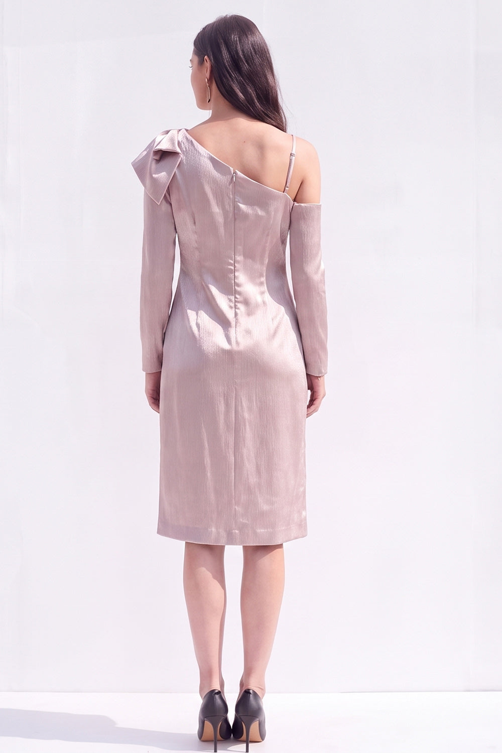 Light Purple Satin Bodycon Asymmetrical Neck Midi Work Dress with Bow
