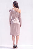 Light Purple Satin Bodycon Asymmetrical Neck Midi Work Dress with Bow