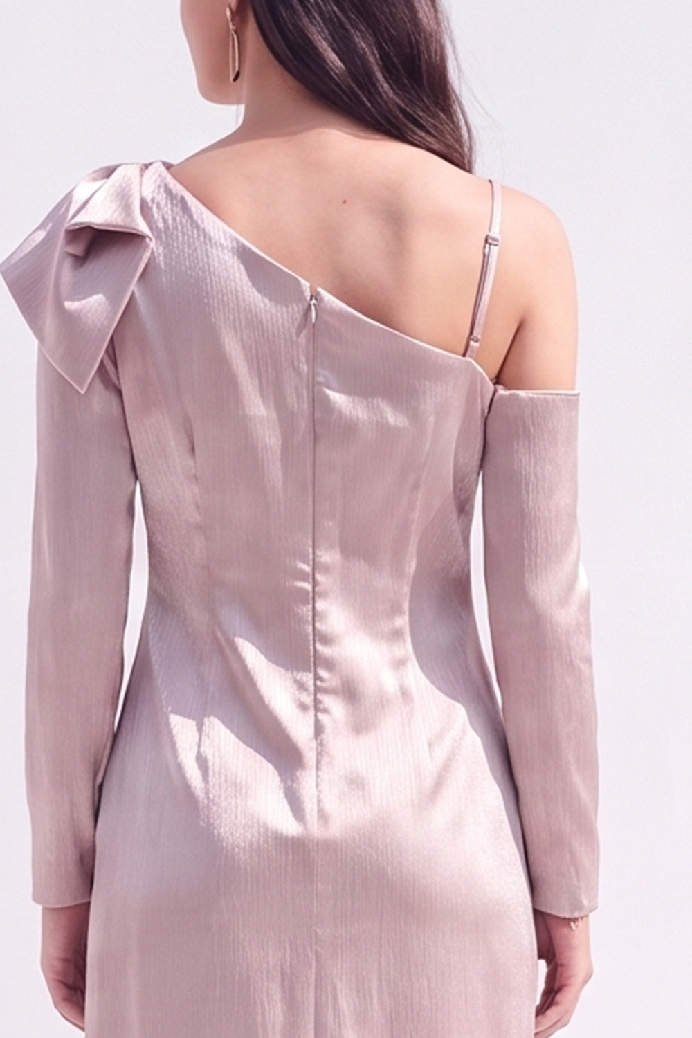Light Purple Satin Bodycon Asymmetrical Neck Midi Work Dress with Bow
