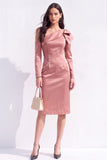 Light Purple Satin Bodycon Asymmetrical Neck Midi Work Dress with Bow