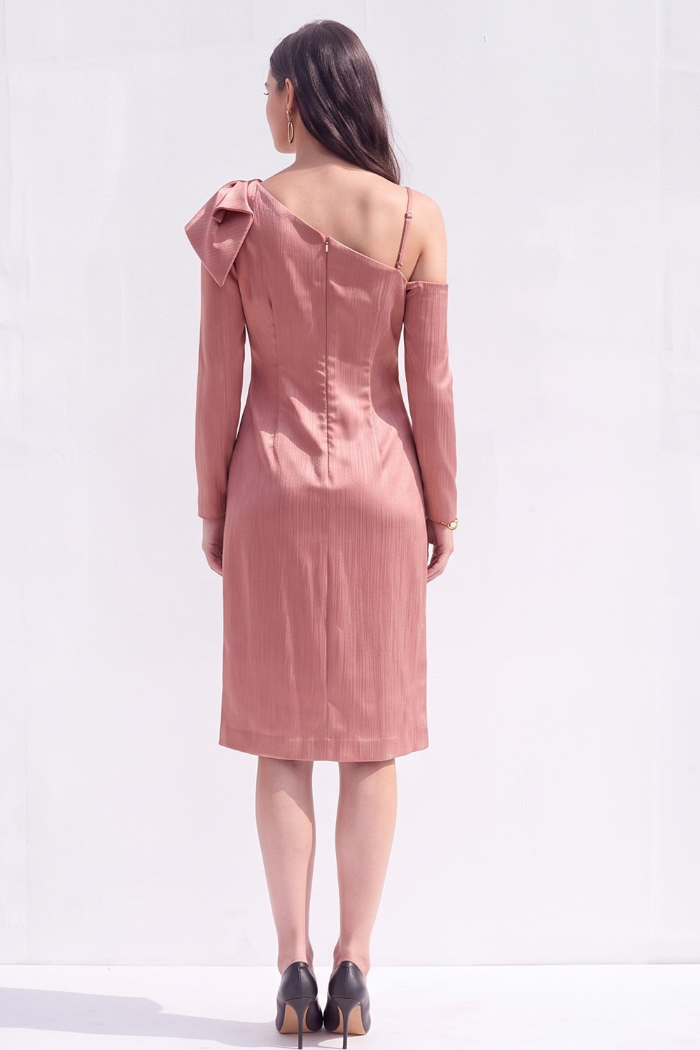 Light Purple Satin Bodycon Asymmetrical Neck Midi Work Dress with Bow