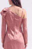 Light Purple Satin Bodycon Asymmetrical Neck Midi Work Dress with Bow
