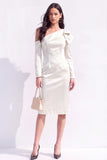 Light Purple Satin Bodycon Asymmetrical Neck Midi Work Dress with Bow