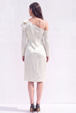 Light Purple Satin Bodycon Asymmetrical Neck Midi Work Dress with Bow
