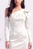 Light Purple Satin Bodycon Asymmetrical Neck Midi Work Dress with Bow