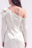 Light Purple Satin Bodycon Asymmetrical Neck Midi Work Dress with Bow
