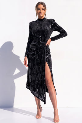 Sparkly Black Bodycon Sequin Velvet High Neck Ruched Midi Work Dress with Slit