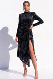 Sparkly Black Bodycon Sequin Velvet High Neck Ruched Midi Work Dress with Slit
